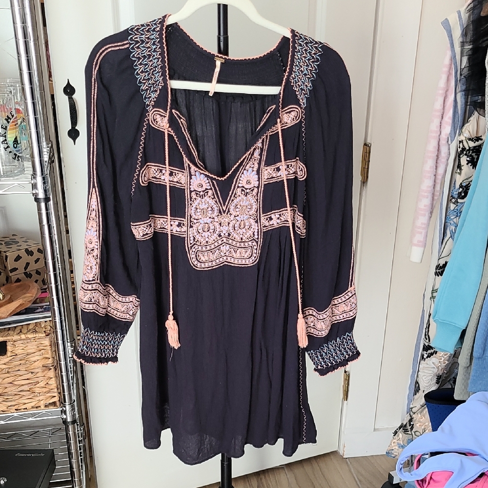 Free People Black Tunic with Pink Embroidery and Tassels